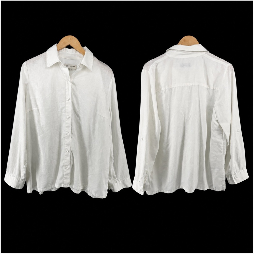 Sz 1X Jones New York Shirt Top White 100% Linen Tunic Lagenlook Beachy Boho